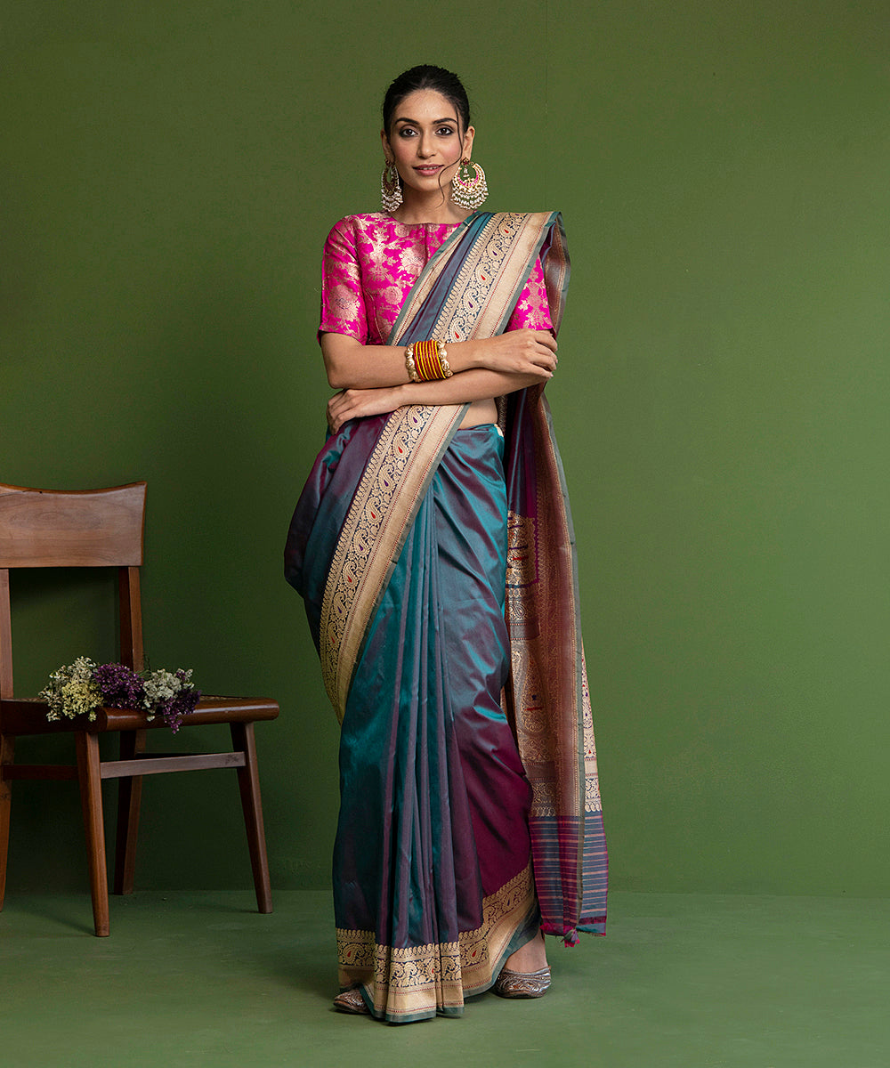 Peacock_Blue_Handloom_Plain_Pure_Katan_Silk_Banarasi_Saree_With_Konia_WeaverStory_02