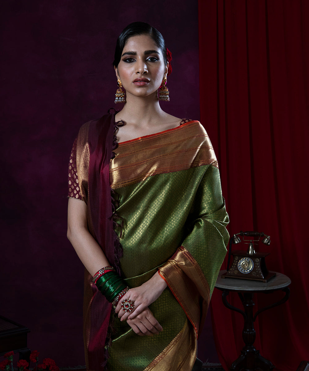 Green_Handloom_Pure_Zari_and_Silk_Chevron_Weave_Kanjivaram_Saree_WeaverStory_01