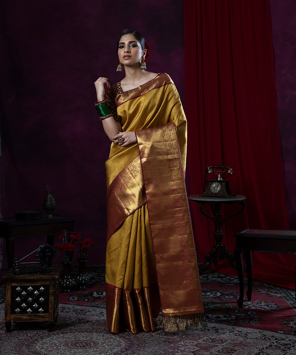 Matka Silk Saree in Gold with Zari Checks and Wide Zari Temple Border