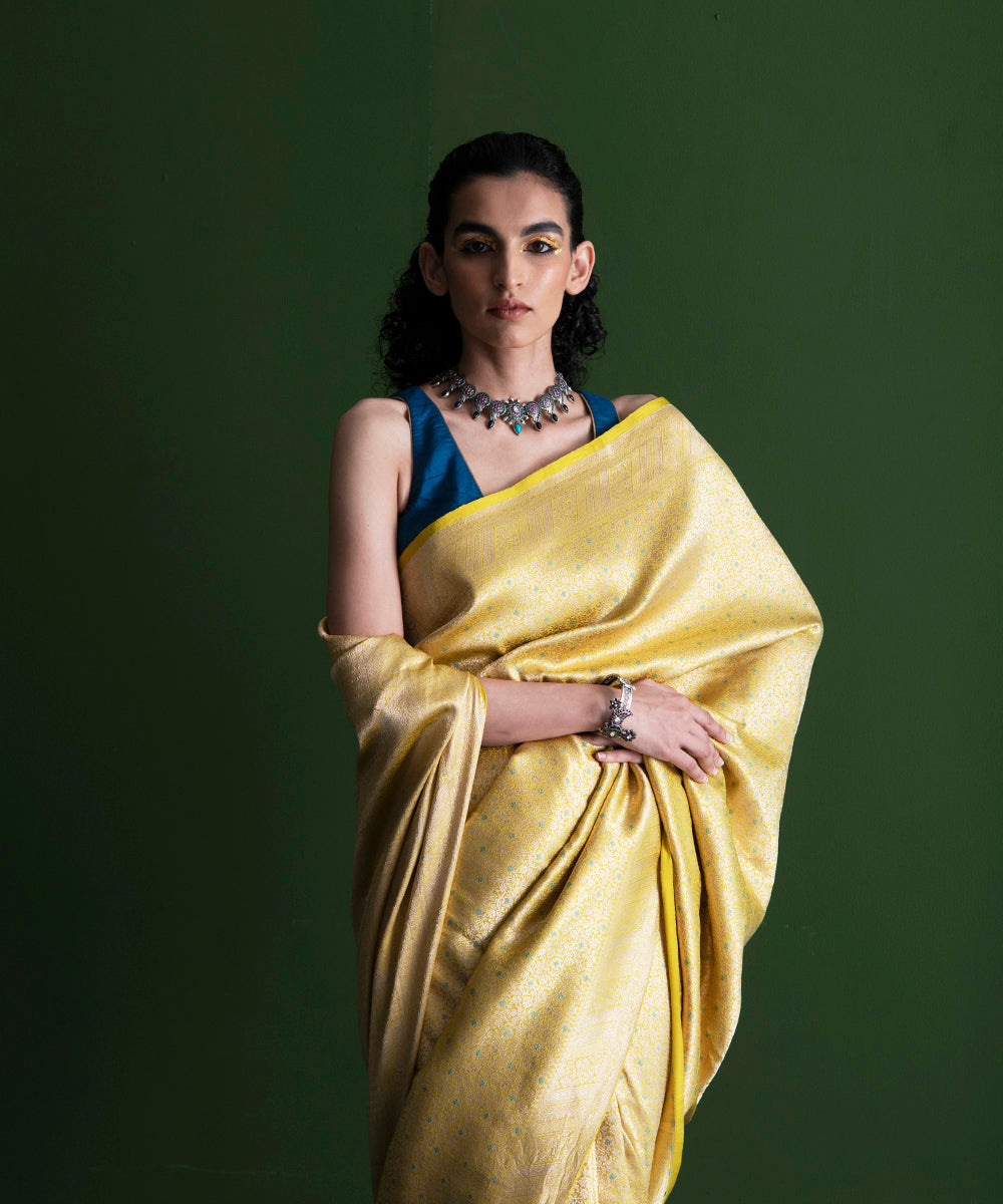 Handloom_Yellow_Kimkhab_Pure_Katan_Silk_Banarasi_Saree_With_Sea_Green_Meenakari_WeaverStory_01