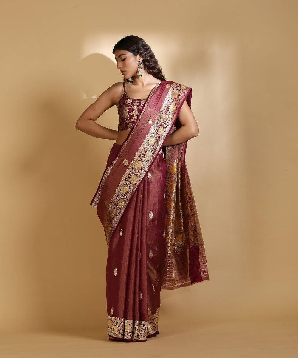 Wine_And_Gold_Handloom_Pure_Silk_Tissue_Banarasi_Saree_With_Meenakari_Border_WeaverStory_02