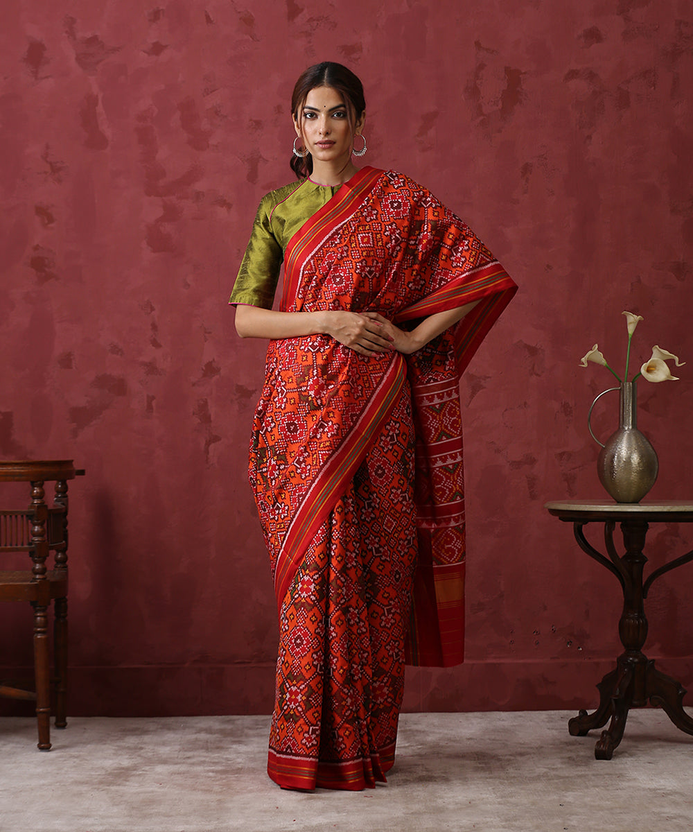 Handloom_Orange_8_Ply_Mulberry_Silk_Patola_Saree_With_Red_Border_And_Pallu_WeaverStory_02