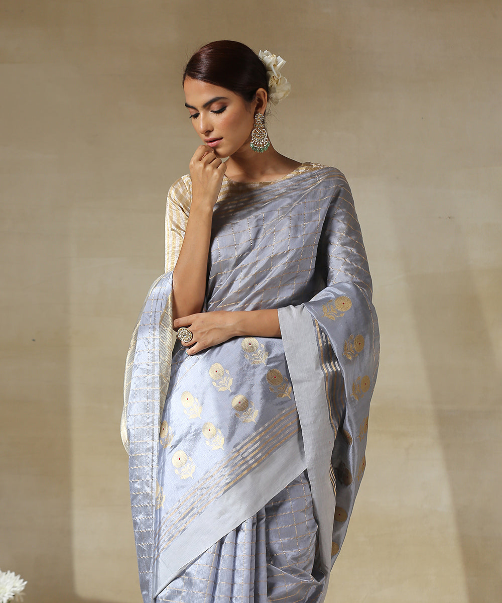 Blue_Handloom_Chanderi_Silk_Saree_With_Zari_Checks_And_Flower_Motifs_WeaverStory_01