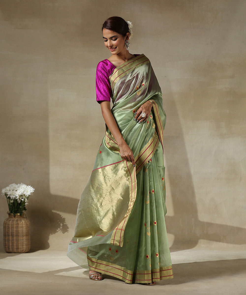 Handloom_Light_Green_3_Flower_Motif_Chanderi_Silk_Saree_With_Red_Meenakari_WeaverStory_02