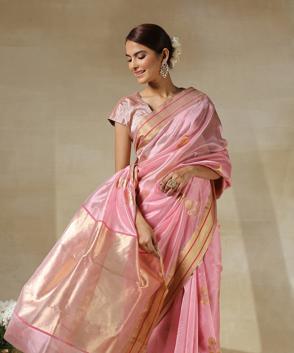 Pink_Handloom_Marigold_Flower_Motif_Chanderi_Silk_Saree_WeaverStory_01