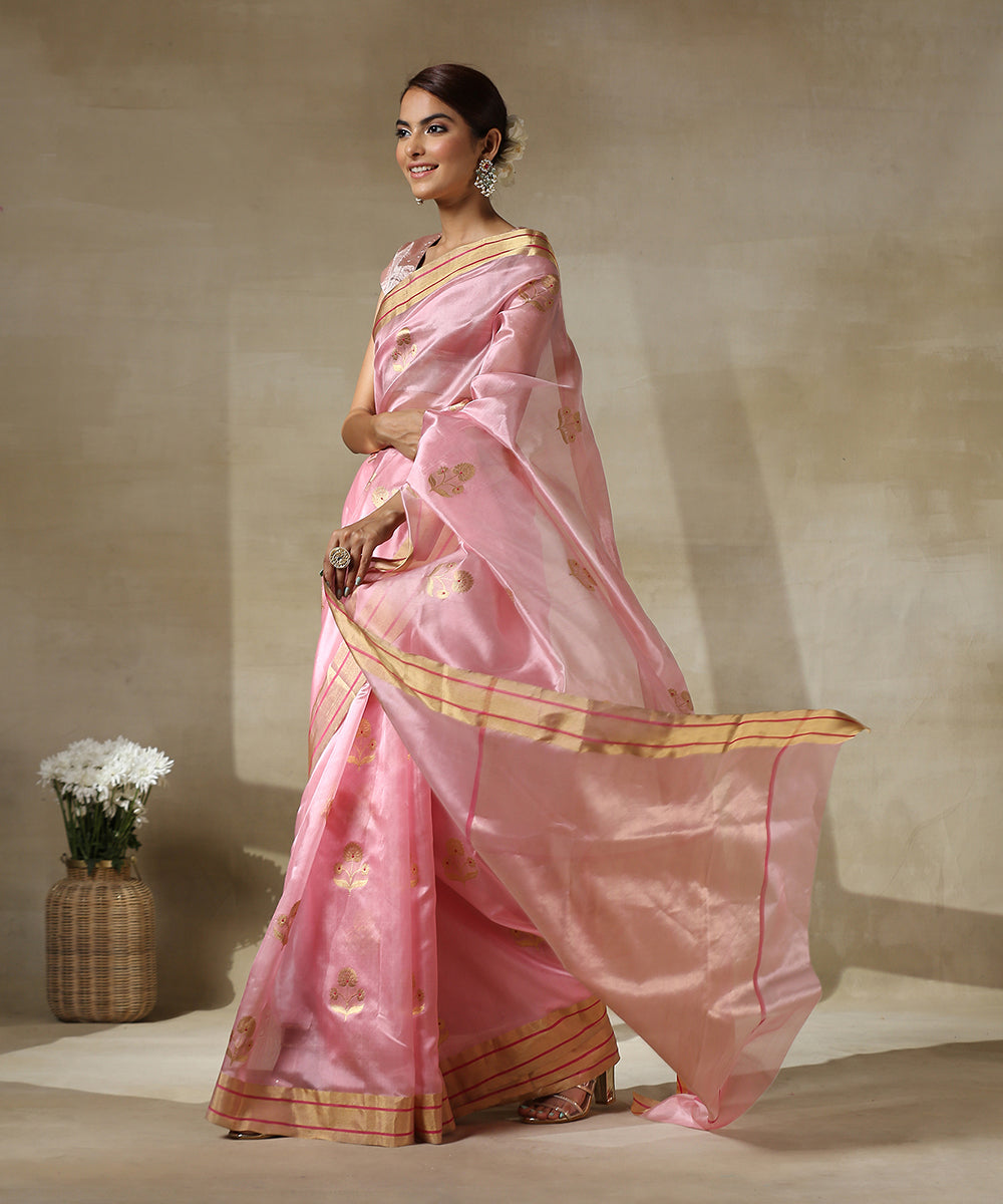 Pink_Handloom_Marigold_Flower_Motif_Chanderi_Silk_Saree_WeaverStory_02