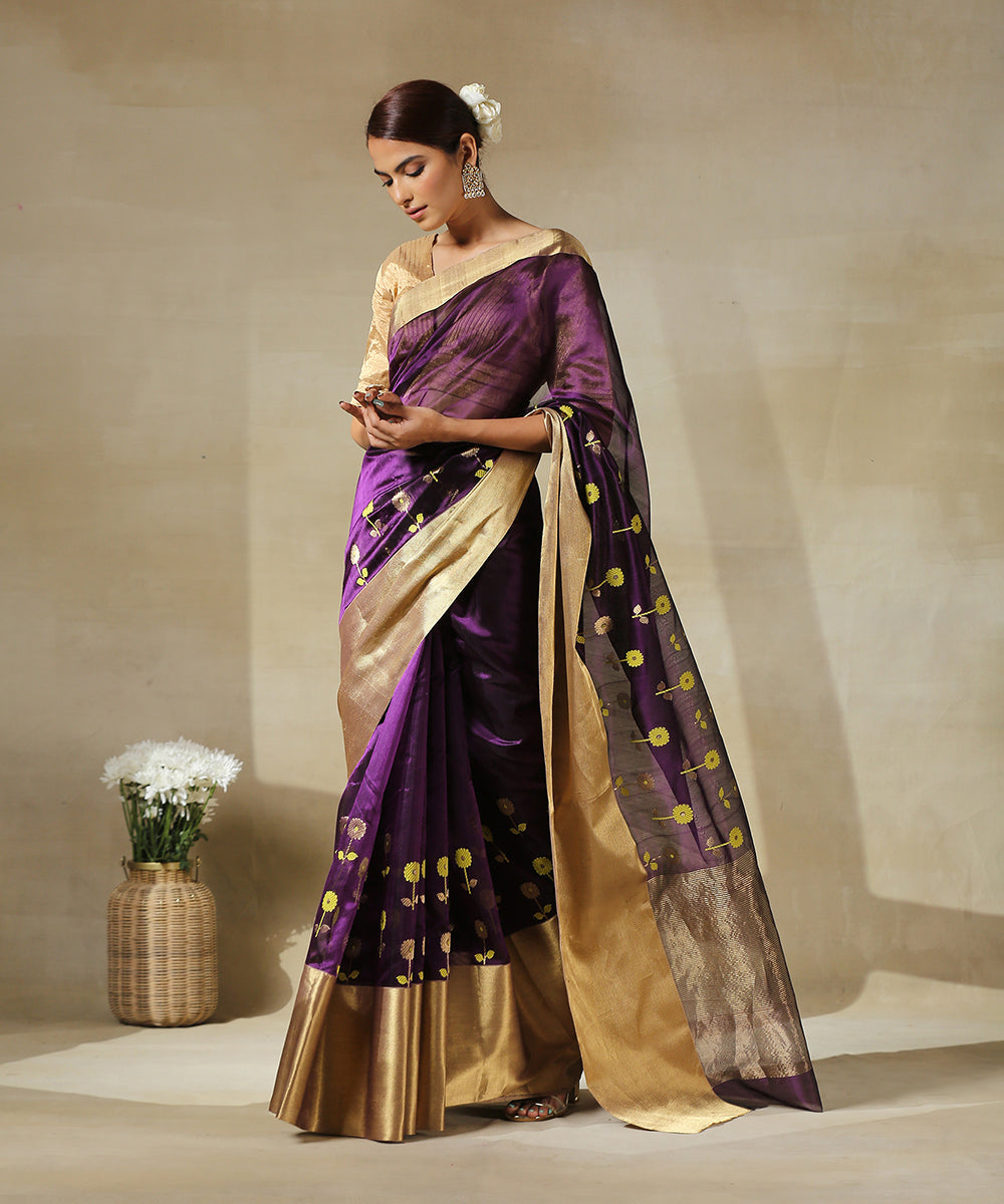 Purple_Handloom_Sunflower_Motifs_Chanderi_Silk_Saree_With_Broad_Zari_Border_WeaverStory_02