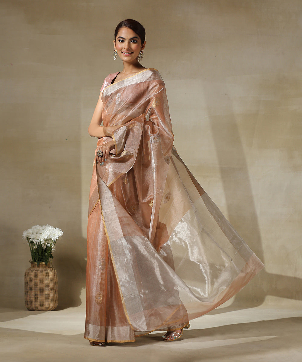 Handloom_Peach_And_Silver_Tissue_Chanderi_Saree_With_Eknaliya_Silver_Booti_WeaverStory_02