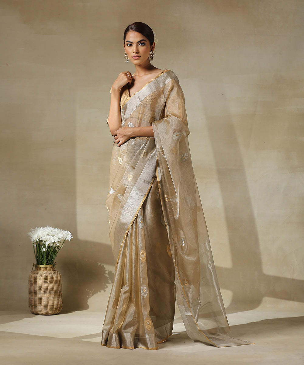 Beige_And_Silver_Handloom_Tissue_Chanderi_Saree_With_Silver_Booti_WeaverStory_02
