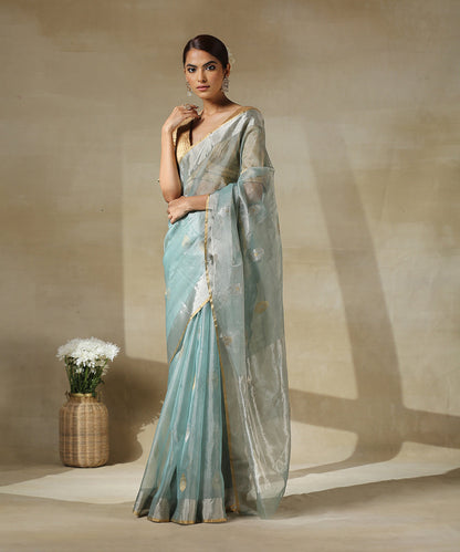Handloom_Blue_And_Silver_Tissue_Chanderi_Saree_With_Silver_Booti_WeaverStory_02