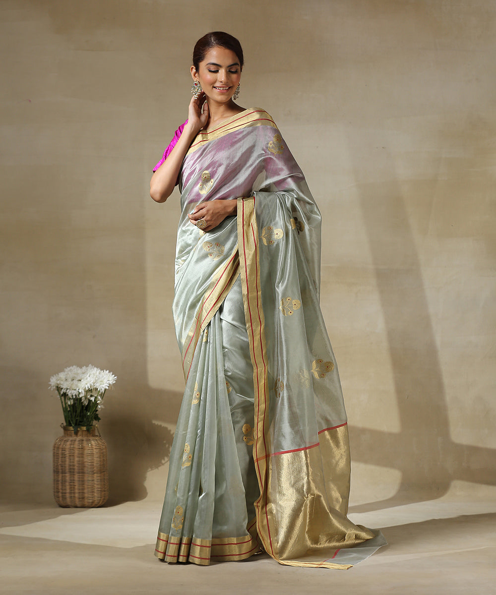 Green_Handloom_Chanderi_Silk_Saree_With_Silver_Zari_Three_Flower_Motif_With_Champagne_Zari_Border_WeaverStory_02