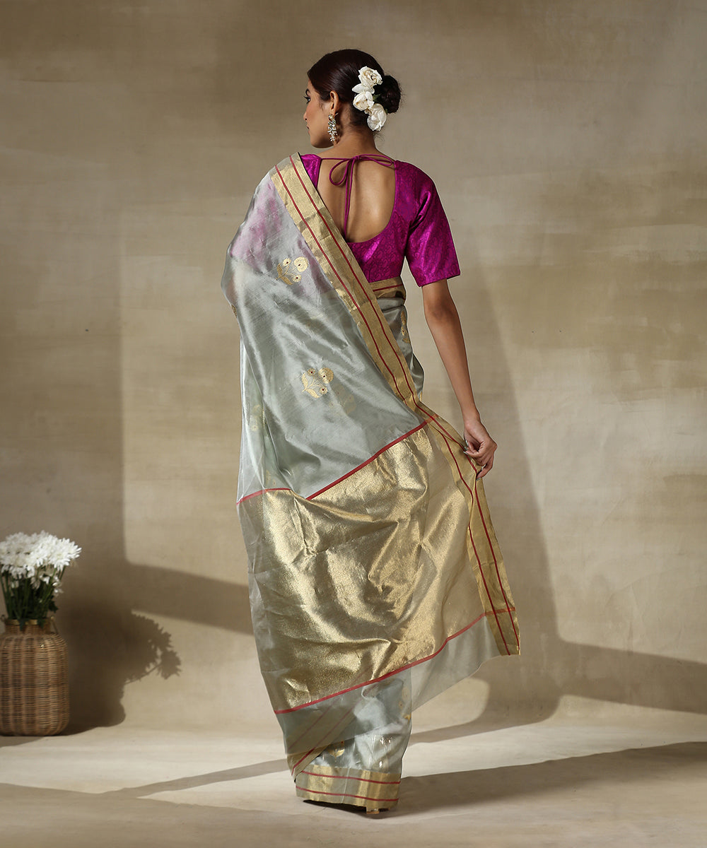 Green_Handloom_Chanderi_Silk_Saree_With_Silver_Zari_Three_Flower_Motif_With_Champagne_Zari_Border_WeaverStory_03