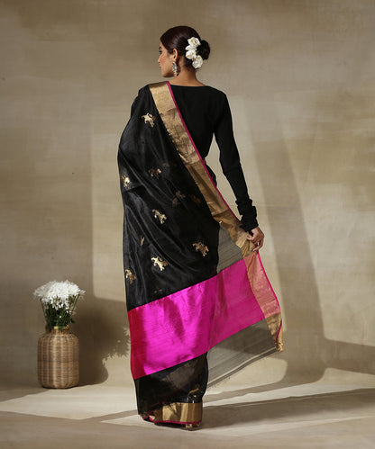 Handloom_Black_Chanderi_Silk_Saree_With_Eknaliya_Lion_Motifs_And_Zari_Border_WeaverStory_03