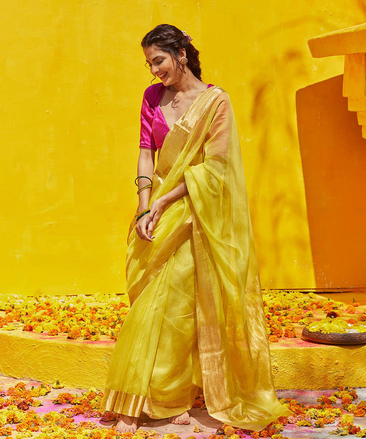 Yellow Chanderi Brocade Traditional Saree with Meenakari Floral Motifs