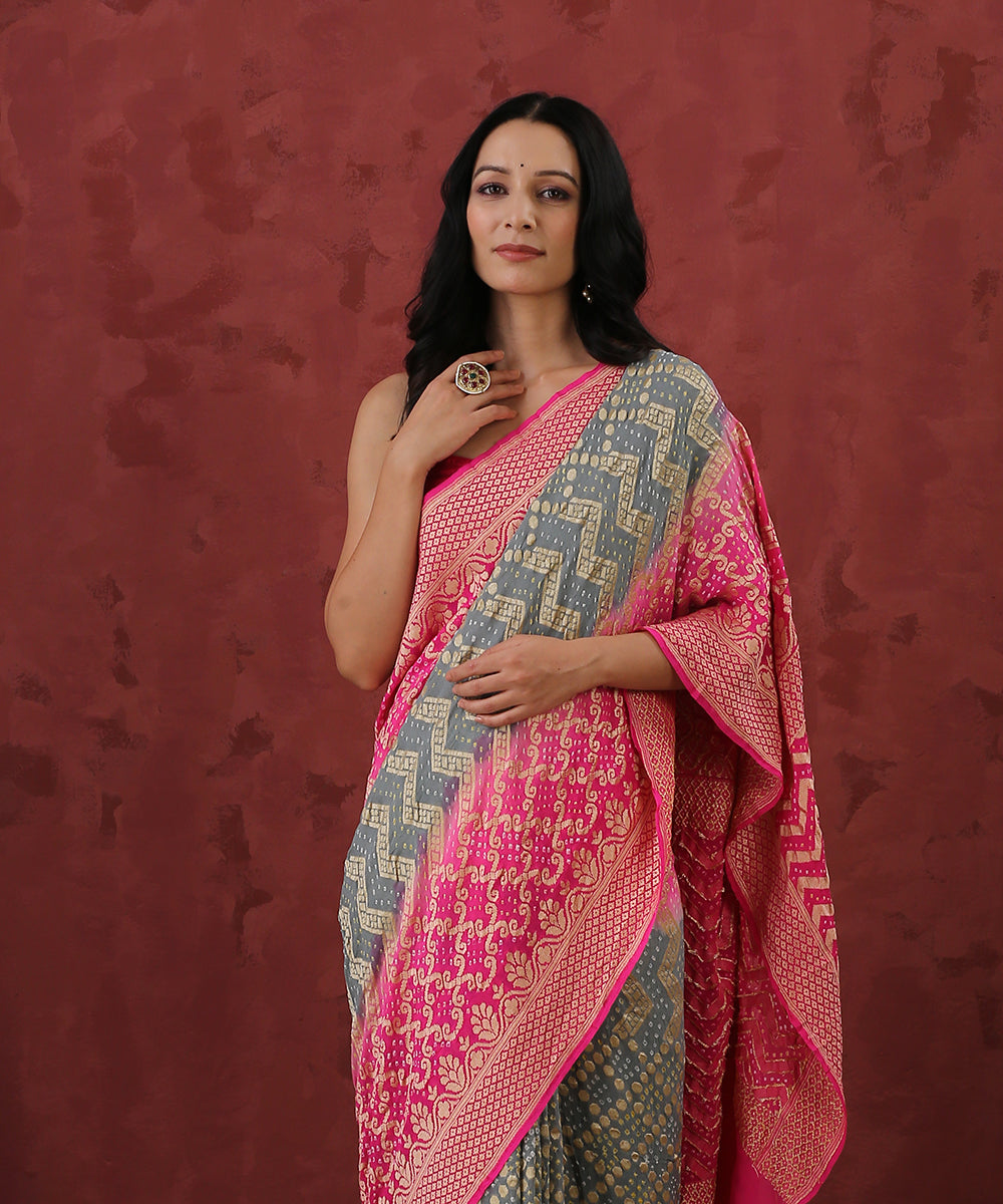 Pink_And_Grey_Handloom_Georgette_Banarasi_Bandhej_Saree_With_Cutwork_Weave_WeaverStory_01