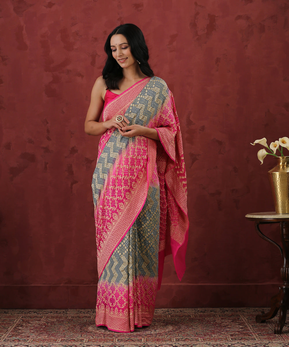 Pink_And_Grey_Handloom_Georgette_Banarasi_Bandhej_Saree_With_Cutwork_Weave_WeaverStory_02