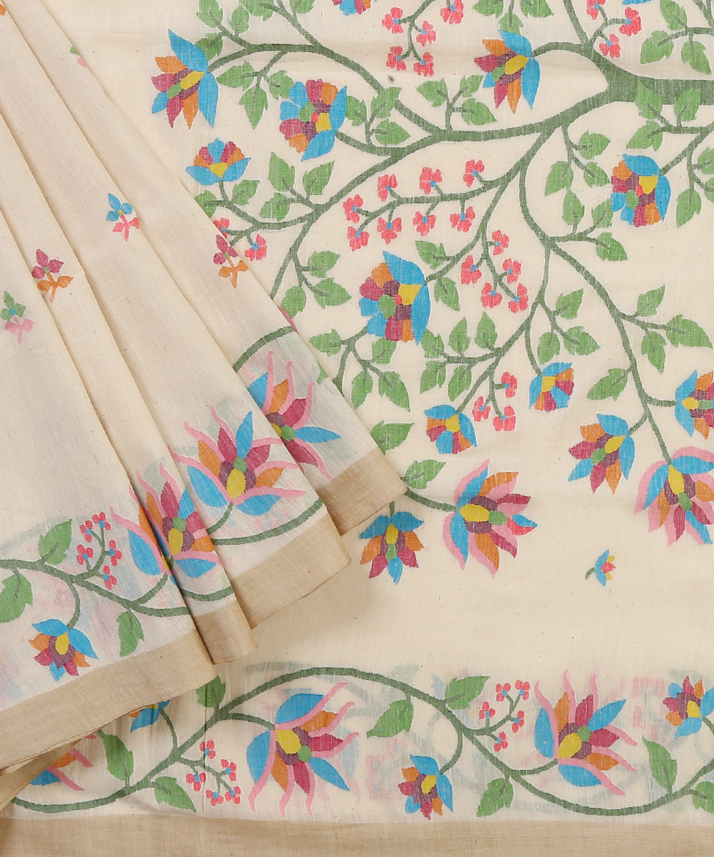 Handloom_Offwhite_Cotton_Jamdani_Saree_With_Tree_Design_Pallu_WeaverStory_01
