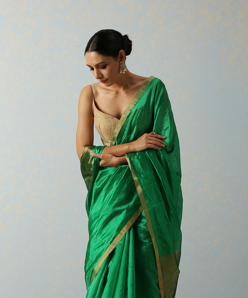 Green Handloom Eknaliya Silk Chanderi Saree With Zari Squares – WeaverStory