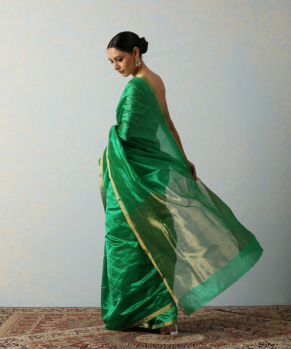 Green Handloom Eknaliya Silk Chanderi Saree With Zari Squares – WeaverStory