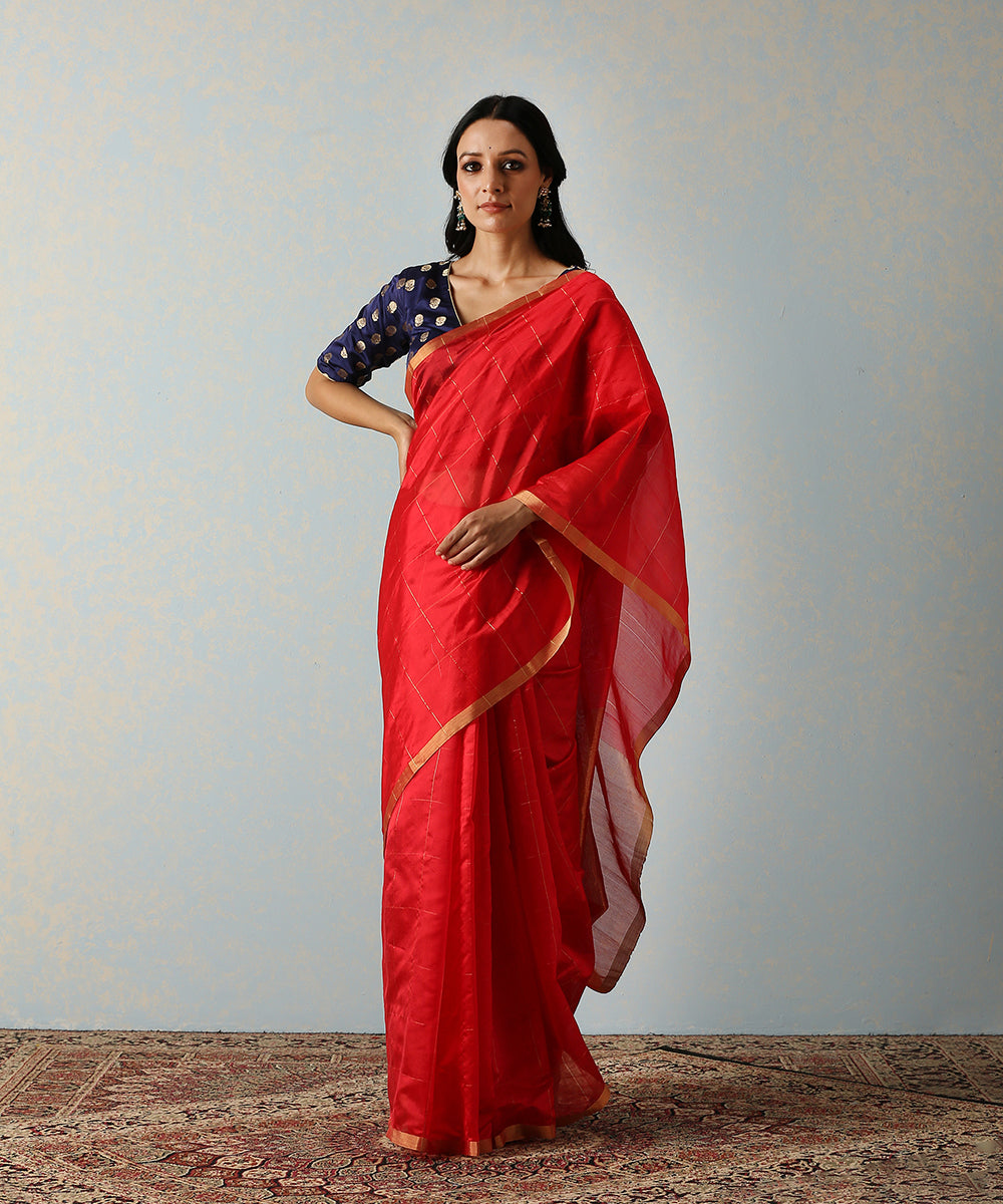 Handloom_Red_Silk_Chanderi_Saree_With_Zari_Squares_WeaverStory_02