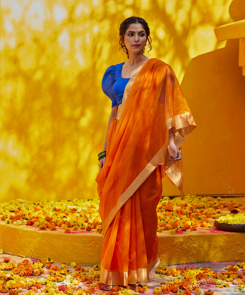 Orange_Handloom_Plain_Cotton_Silk_Chanderi_Saree_With_Zari_Border_WeaverStory_02