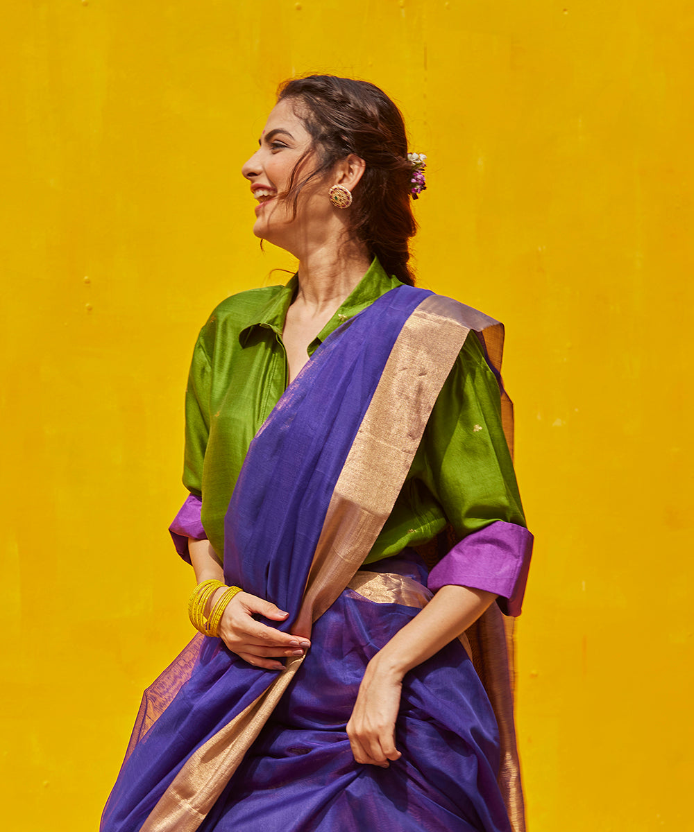 Ink_Blue_Handloom_Plain_Cotton_Chanderi_Saree_With_Zari_Border_WeaverStory_01