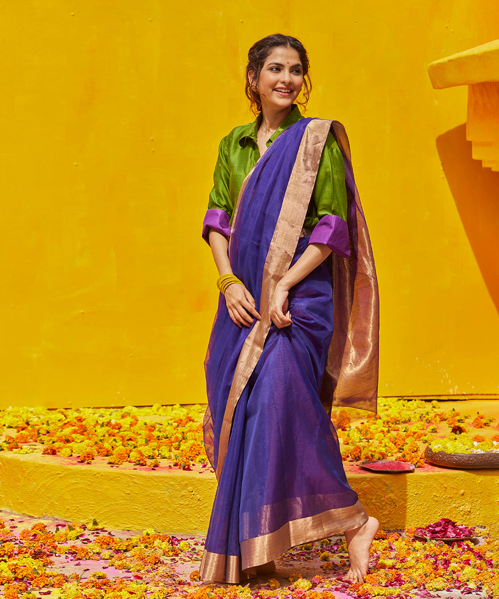 Ink_Blue_Handloom_Plain_Cotton_Chanderi_Saree_With_Zari_Border_WeaverStory_02