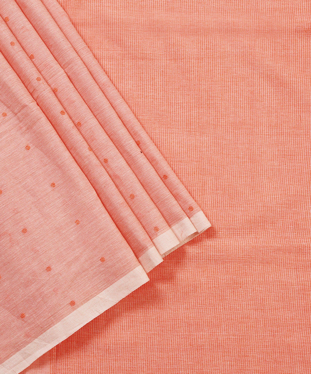 Dark_Peach_Handloom_MulMul_Jamdani_Saree_With_Orange_Booti_WeaverStory_01