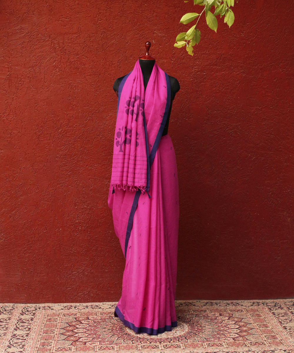 Handloom_Hot_Pink_Cotton_Jamdani_Saree_With_Blue_Tree_WeaverStory_03