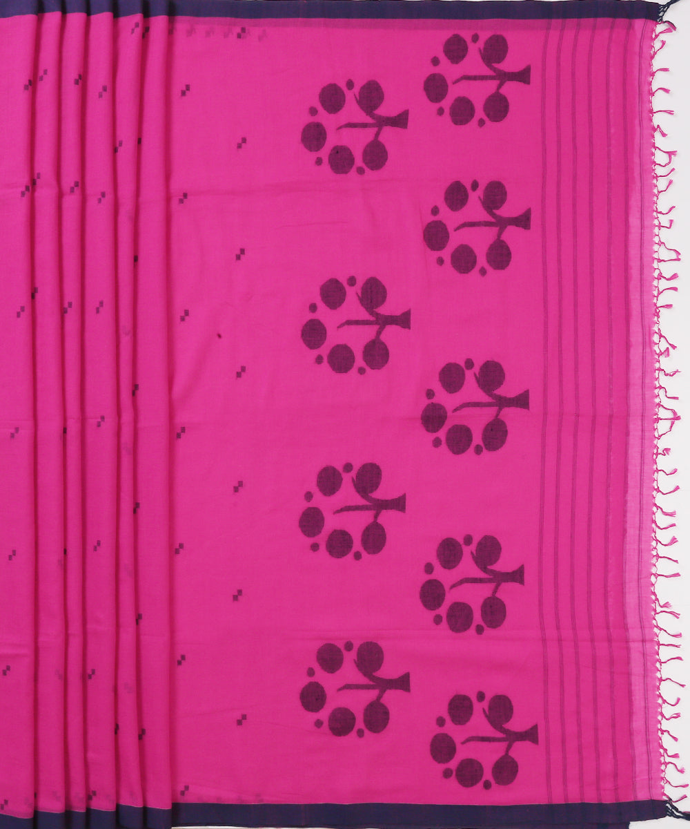 Handloom_Hot_Pink_Cotton_Jamdani_Saree_With_Blue_Tree_WeaverStory_04