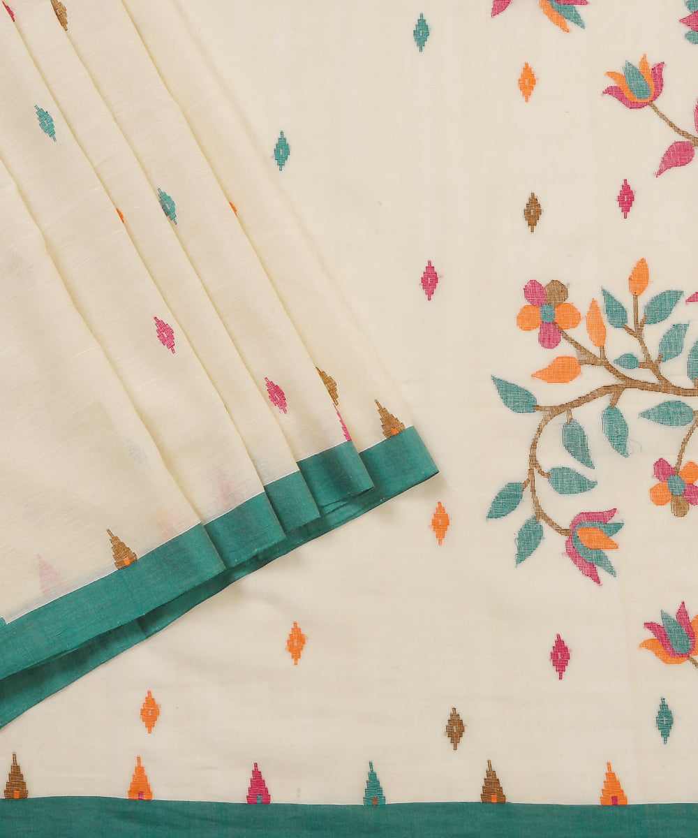 Cream_Handloom_Cotton_Jamdani_Saree_With_Leaf_Pallu_WeaverStory_01
