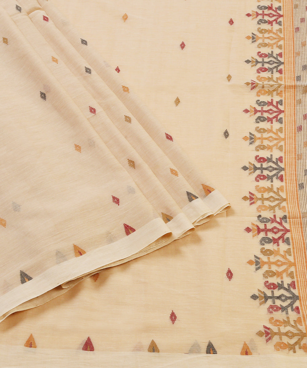 Peach_Handloom_Color_Cotton_Jamdani_Saree_With_Box_Stripe_Woven_On_Pallu_WeaverStory_01