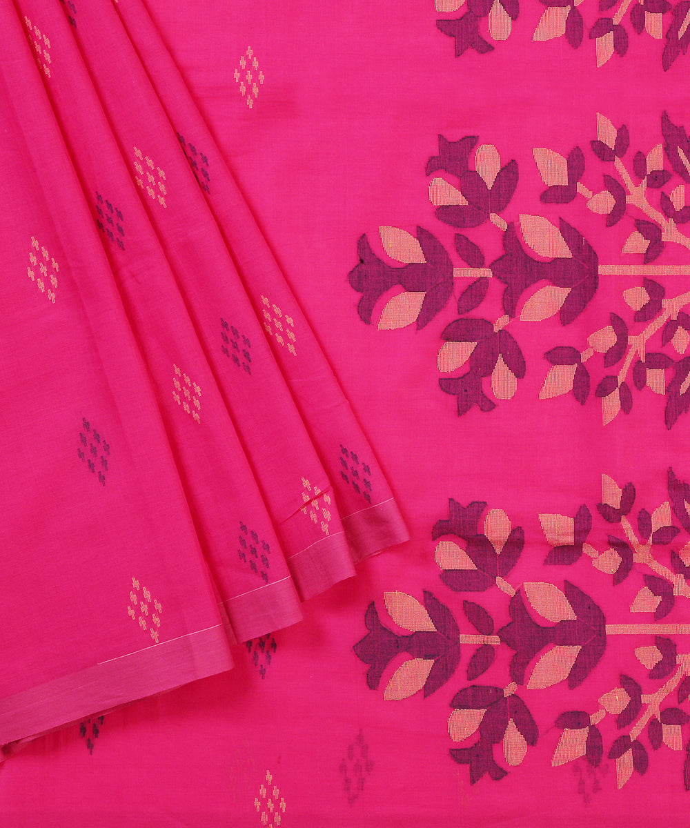 Hot_Pink_Handloom_Cotton_Jamdani_Saree_With_Guldasta_Woven_On_Pallu_WeaverStory_01