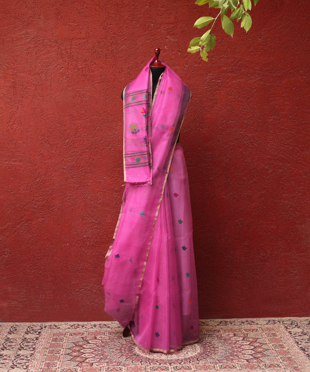 Pink_Handloom_Matka_Silk_Dhakai_Jamdani_Saree_With_Small_Lotus_Boota_WeaverStory_02