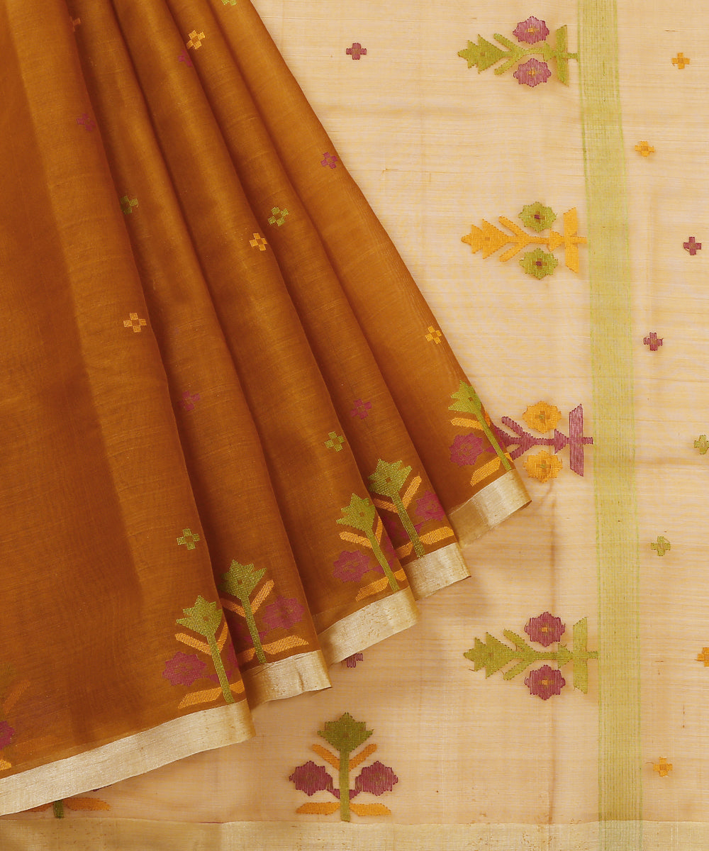 Mustard_Handloom_Silk_Muslin_Jamdani_Saree_With_Floral_Border_WeaverStory_01