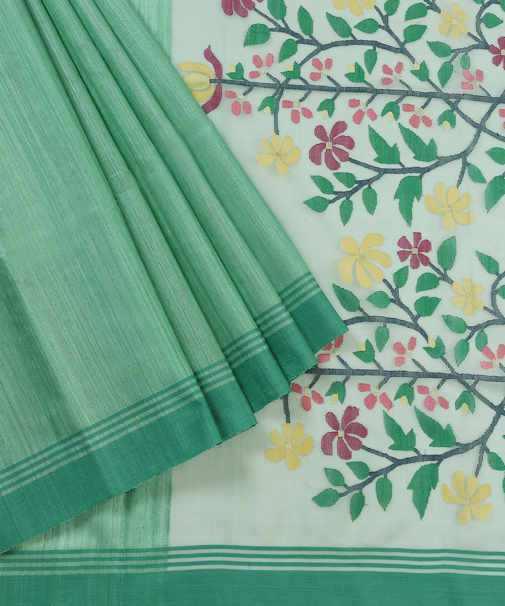 Handloom_Sea_Green_Silk_Jamdani_Saree_With_Leaf_On_Border_WeaverStory_01