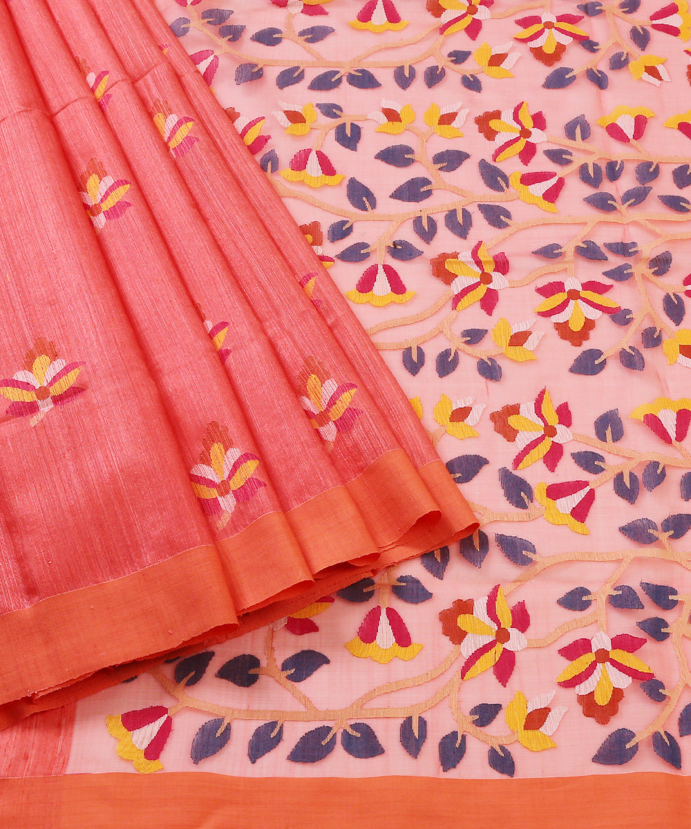 Handloom_Carrot_Colour_Matka_Silk_Saree_With_Muslin_Jamdani_Pallu_WeaverStory_01