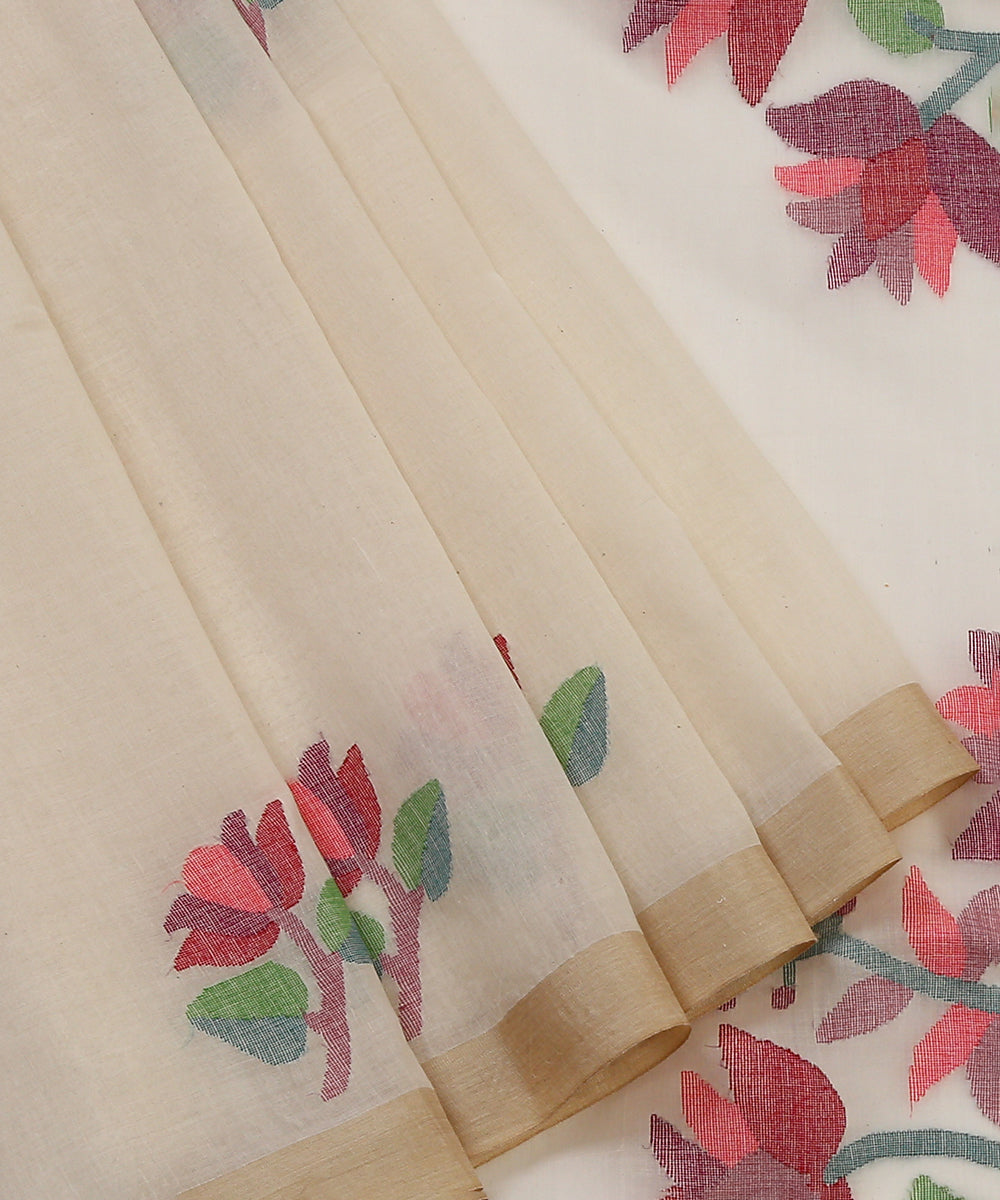 Handloom_White_Muslin_Jamdani_Saree_With_Multi_Color_Floral_Border_Pallu_WeaverStory_02