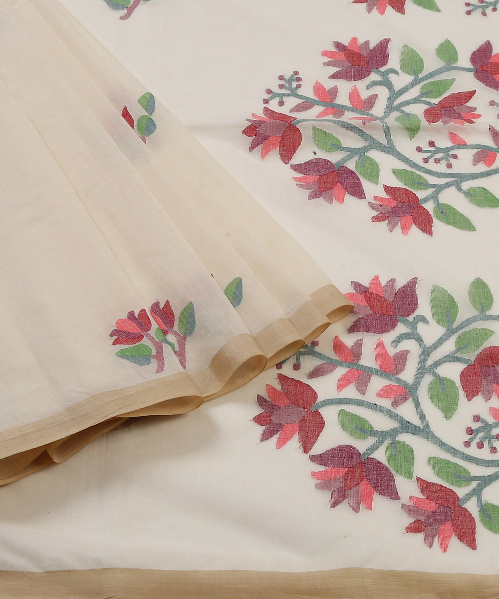 Handloom_White_Muslin_Jamdani_Saree_With_Multi_Color_Floral_Border_Pallu_WeaverStory_01