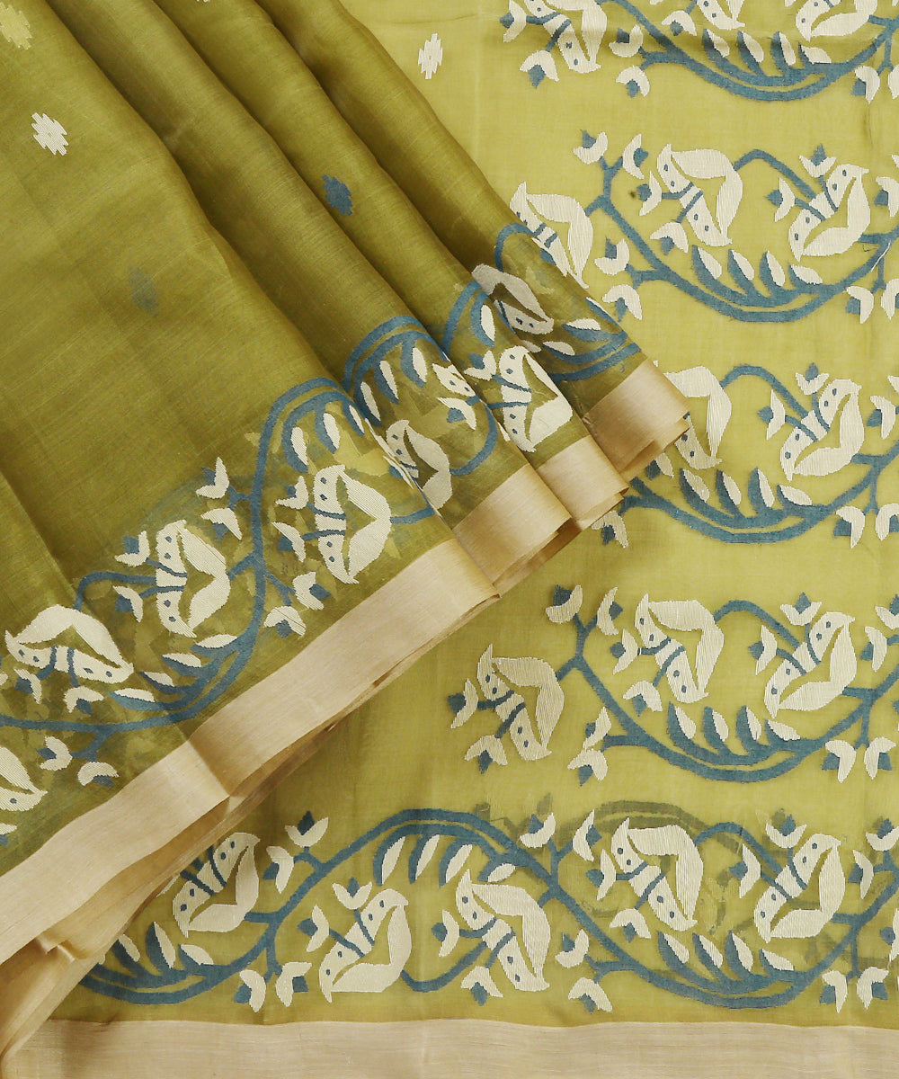 Handloom_Olive_Muslin_Jamdani_Saree_With_Blue_Floral_Border_Pallu_WeaverStory_01