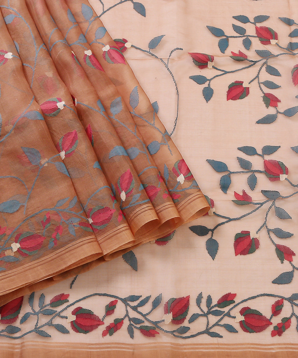 Handloom_Chocolate_Brown_Muslin_Jamdani_Saree_With_Floral_Pattern_Woven_All_Over_WeaverStory_01