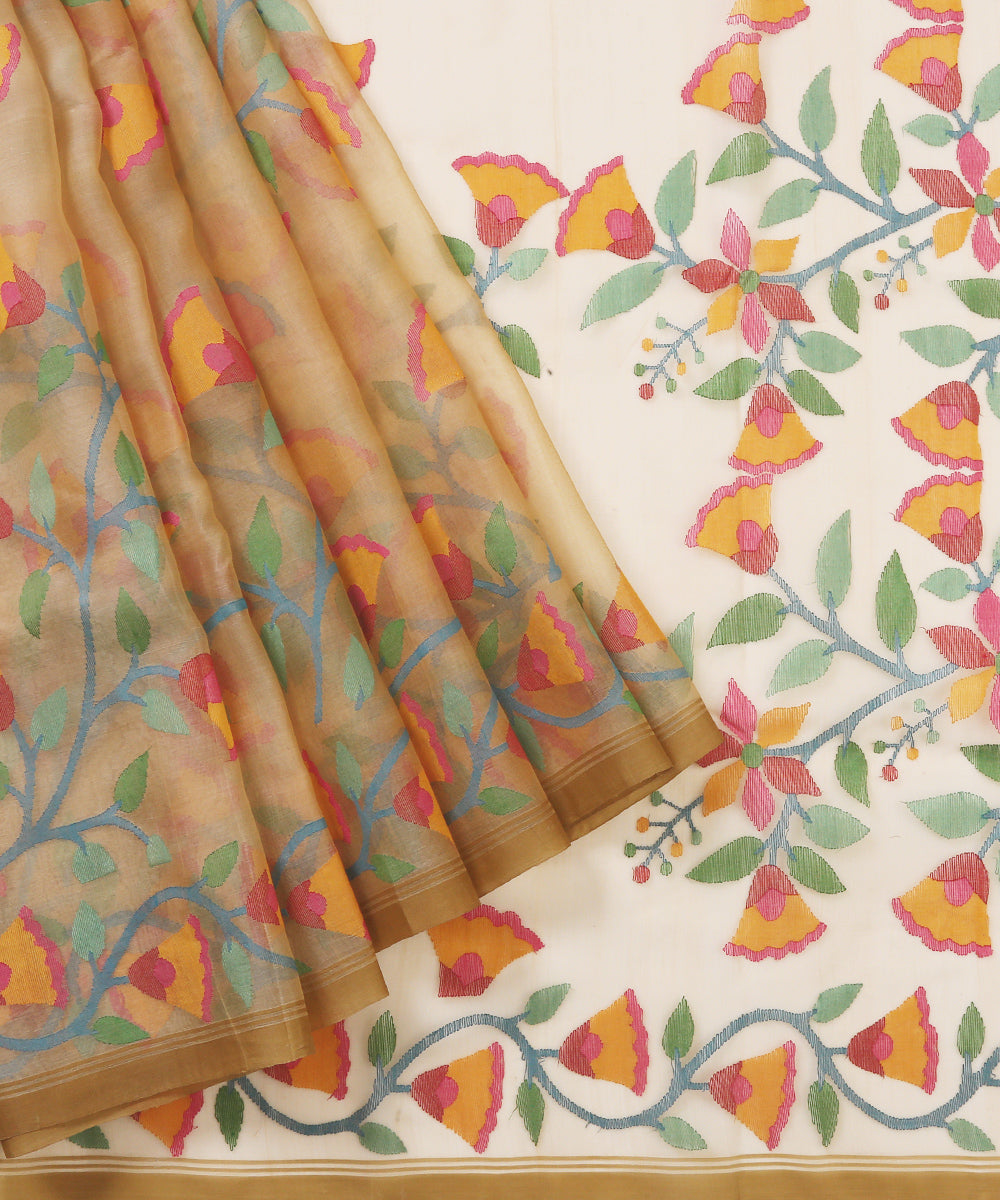 Handloom_Light_Brown_Muslin_Jamdani_Saree_With_Floral_Pattern_Woven_All_Over_WeaverStory_01