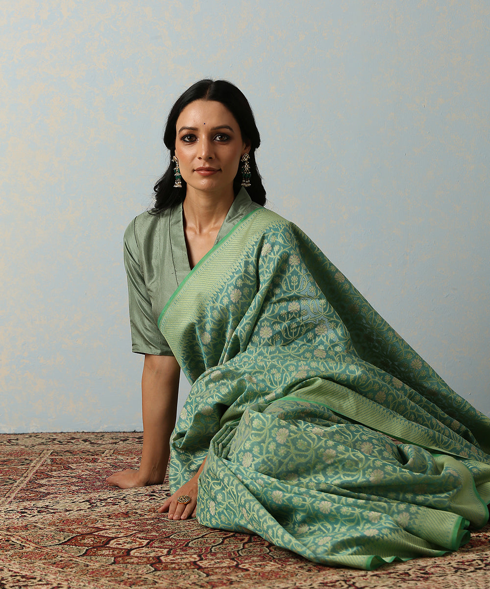 Handloom_Green_Cotton_Silk_Banarasi_Saree_With_Floral_Cutwork_Weave_WeaverStory_01