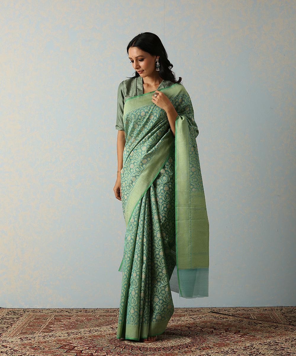 Handloom_Green_Cotton_Silk_Banarasi_Saree_With_Floral_Cutwork_Weave_WeaverStory_02