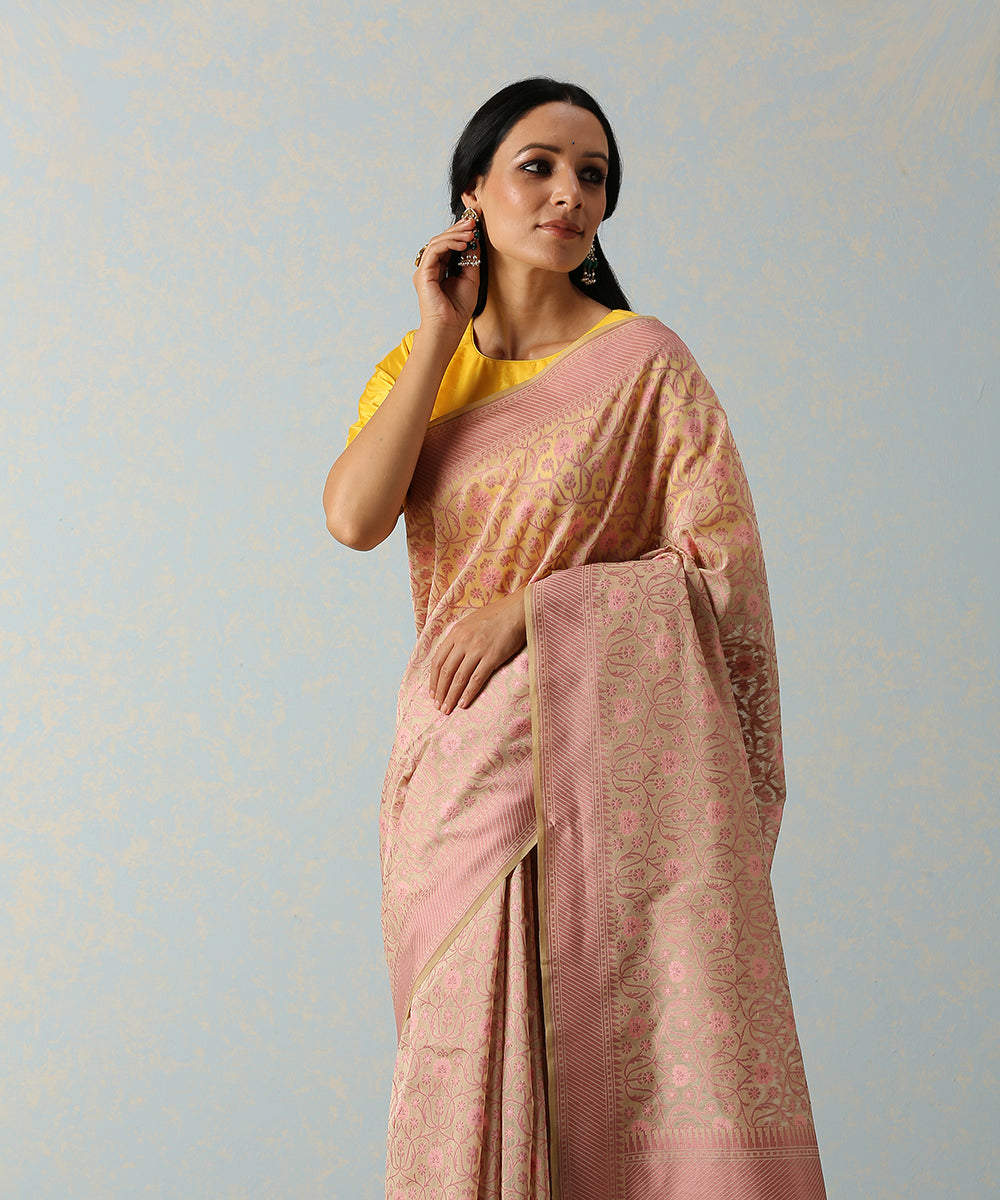 Beige_And_Pink_Handloom_Cotton_Silk_Banarasi_Saree_With_Floral_Cutwork_Weave_WeaverStory_01