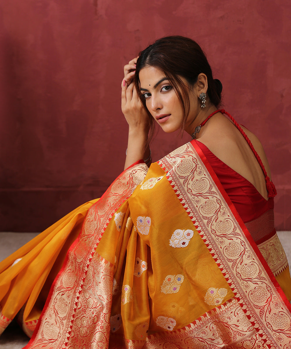 Mustard_Handloom_Kora_Silk_Banarasi_Saree_with_Boota_WeaverStory_01