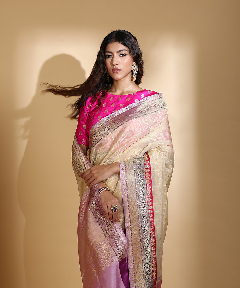 Handloom_Golden_Beige_Silk_Tissue_Banarasi_Saree_With_Checks_And_Satin_Border_WeaverStory_01