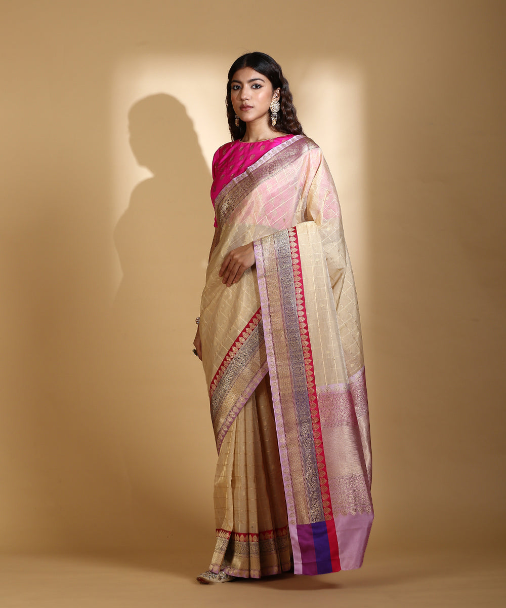 Handloom_Golden_Beige_Silk_Tissue_Banarasi_Saree_With_Checks_And_Satin_Border_WeaverStory_02