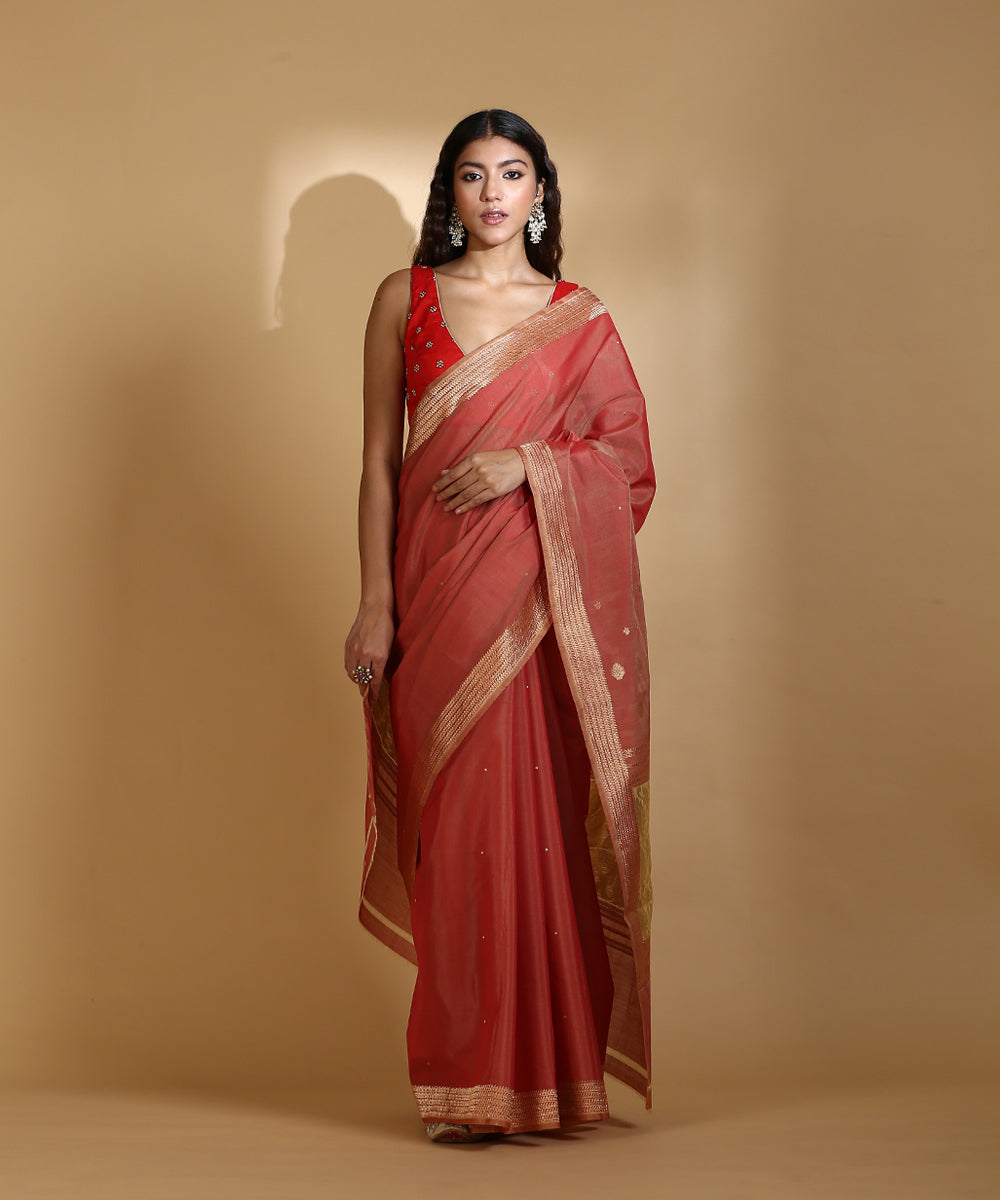 Handloom_Rust_Cotton_Kora_Banarasi_Saree_With_Kadhwa_Booti_WeaverStory_02