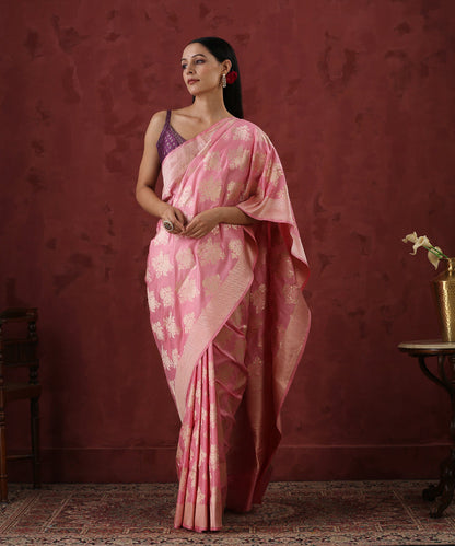Pink_Handloom_Pure_Katan_Silk_Banarasi_Saree_with_Floral_Bunches_WeaverStory_02